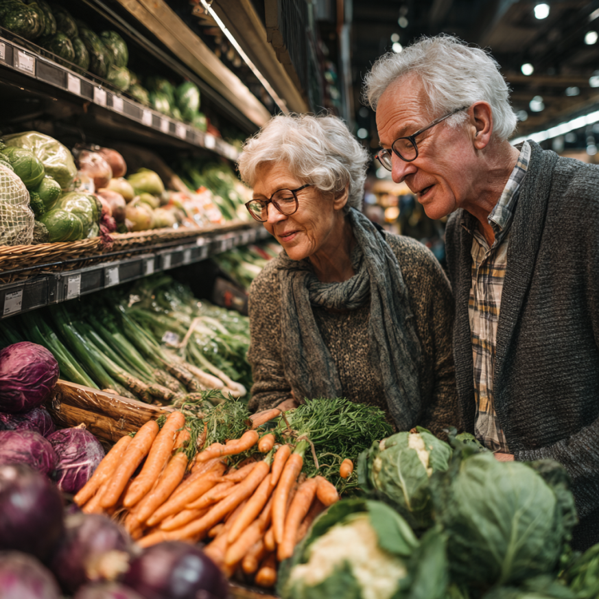 Щаслива літня пара готує здорову їжу на кухні