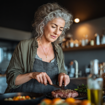 Щаслива літня пара на кухні з корисними продуктами